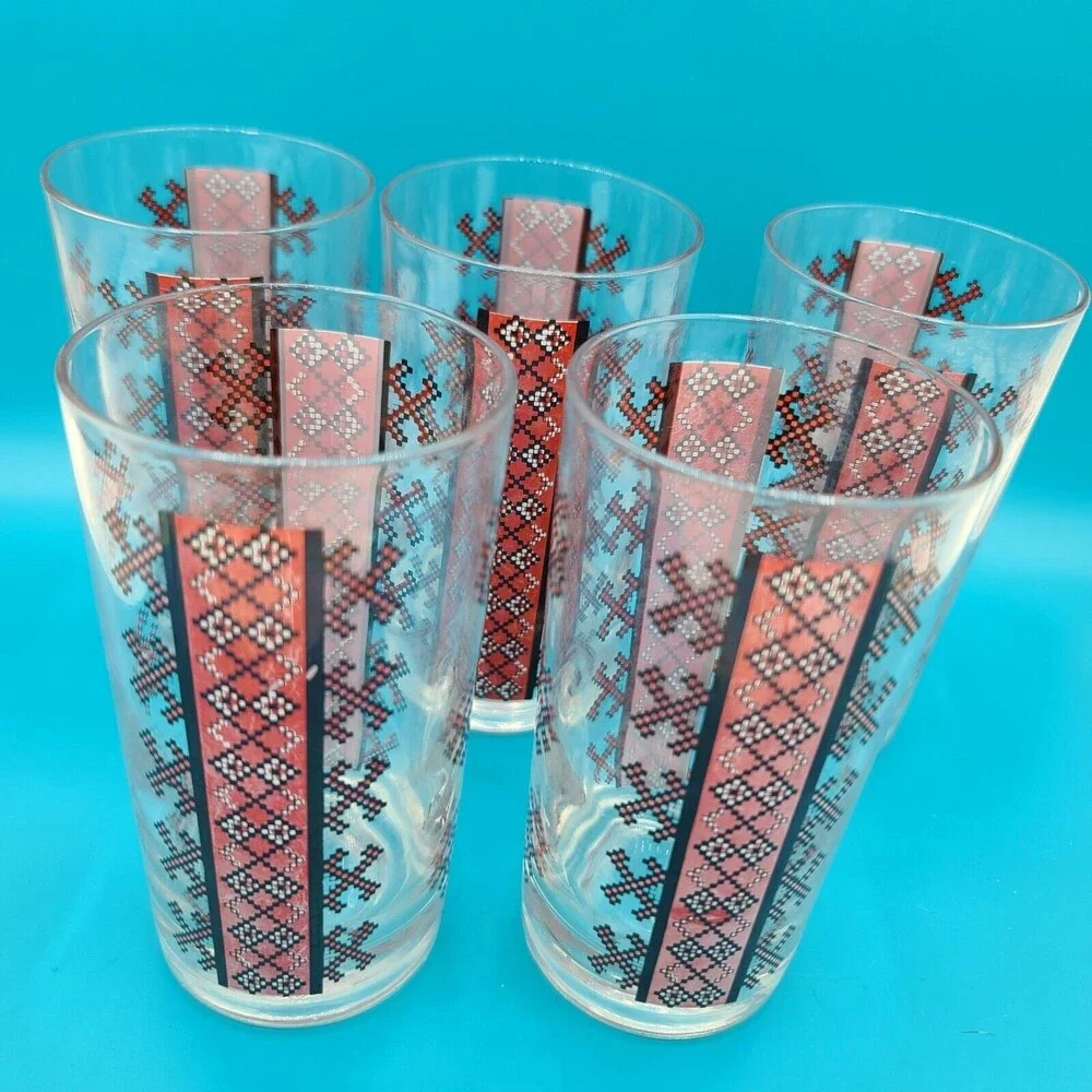 Red Black And White Design Glasses 4.5 Inches Tall Tumblers Set of 5